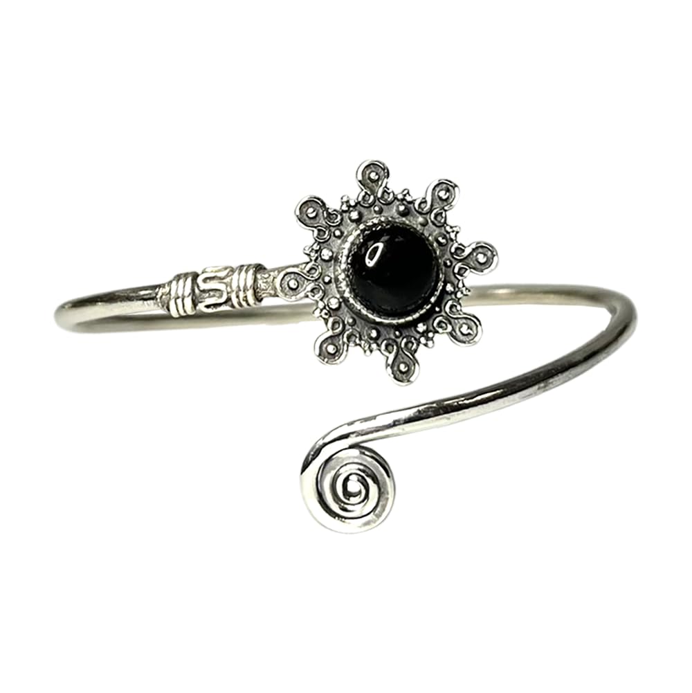 VIE Silver Plated Adjustable Sunburst Spiral Cuff Bangle, Black Agate