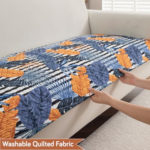 Image of HOKIPO 'LiefNest' Holland Velvet Sofa Cover Mat with Foam Filling for 1 /2 /3 Seater & L-Shape Sofa. Make Your Own Sofa Cover Set, Mat Size: 60(L) cm, Tropical Leaves Dusk Blue (IN-821-D5)