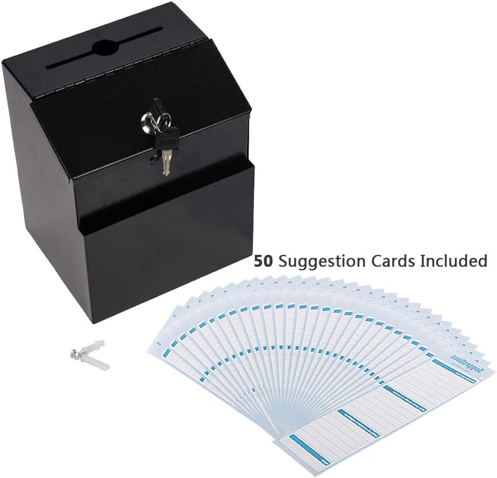 KYODOLED Metal Suggestion Box with Lock Wall Mounted Ballot Box Donation Box Key Drop Box with 50 Free Suggestion Cards 8.5H x 5.9W x 7.3L Inch Black : Office Products