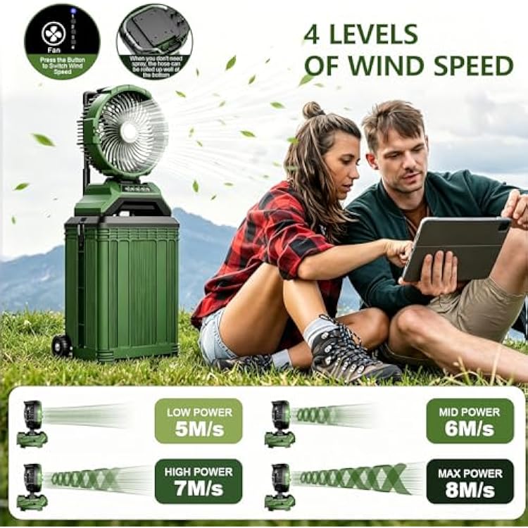 Portable Misting Fan with 30L Bucket, 30000mAh Rechargeable Battery Powered, 12Hrs Mist Rechargeable Fans, 4 Strong Winds, 4 Spray Mister, 3 Lighting Settings for Outdoor, Camping, Patios
