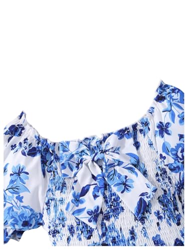 Verdusa Tween Girl's Boho Floral Puff Short Sleeve Dress Bow Knot A Line Ruffle Midi Dresses4