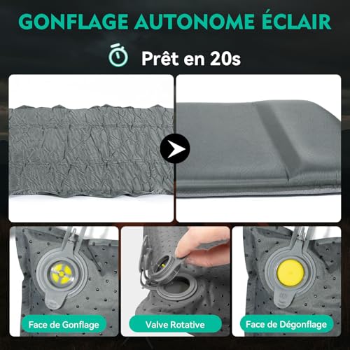 Matelas autogonflant en mousse HIKENTURE 8 cm R-Valeur 9.6 gris pour le camping - 6