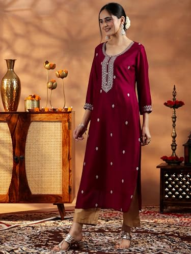 Image of Libas Women's Silk Embroidered Straight Fit Kurta | Ethnic wear | Bridal Suit | Wedding Dress | Occasion wear