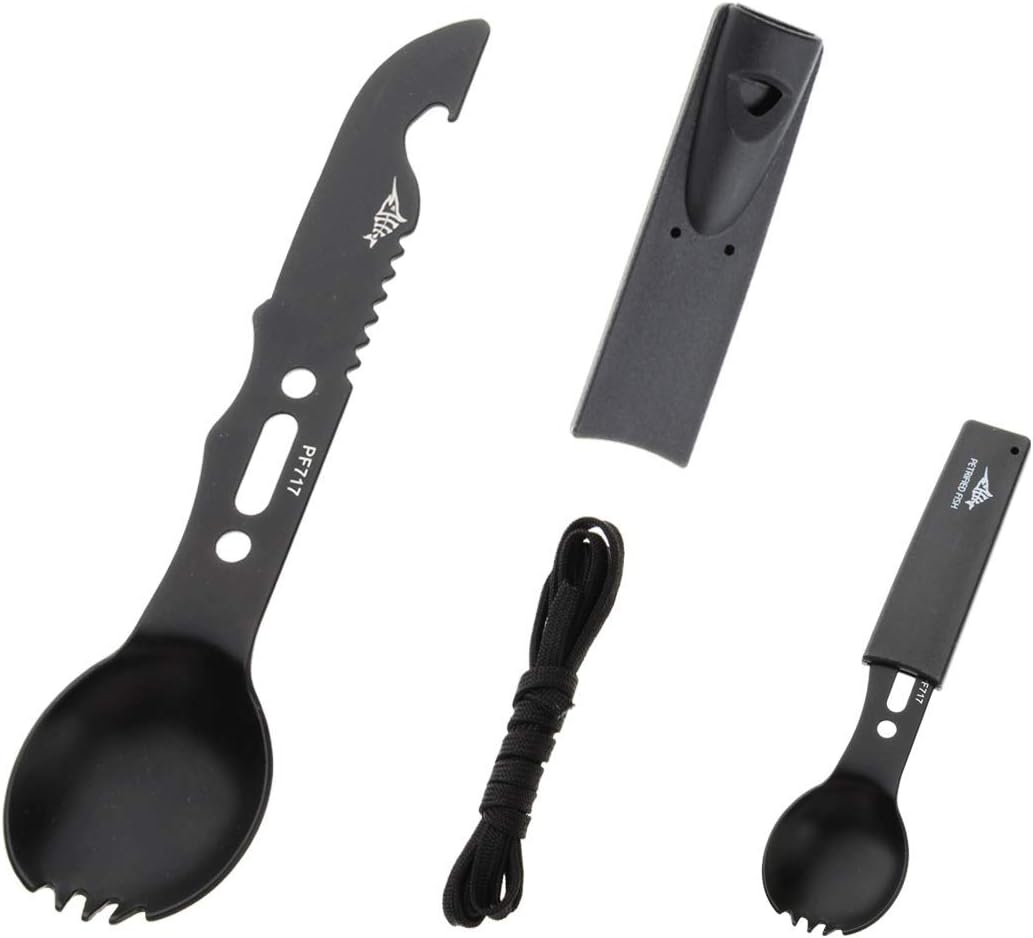 iziusy 7 in 1 Multifunctional Camping Spork. Stainless Steel Spoon Fork Knife Combo Utensil with Bottle Opener/Emergency Whistle/Saw Tooth Blade/Rope, Survival Multitool for Hiking/Backpacking/Hunting