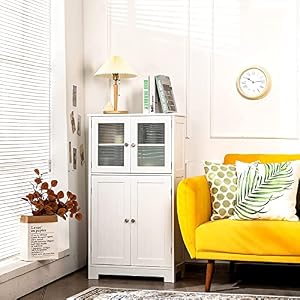 Tangkula Bathroom Floor Cabinet Freestanding Storage Cabinet wGlass Doors Wood Kitchen Cupboard wAdjustable Shelf Bathroom Storage Cabinet for Hallway Living Room Office Cabinets White