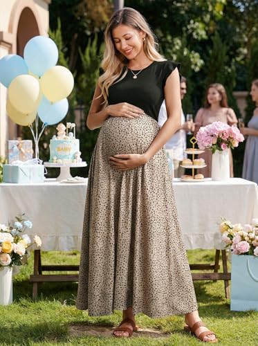 Image of OUGES Women's Maternity Dress Summer Ruffle Sleeve Patchwork Casual Flowy Maxi Dresses with Pockets