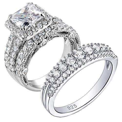 Wuziwen 4Ct Engagement Rings for Women Sterling Silver Cubic Zirconia Wedding Band Bridal Set White Round Cz Eternity Rings 925 Sterling Silver Promise Wedding Band for Women Size 10