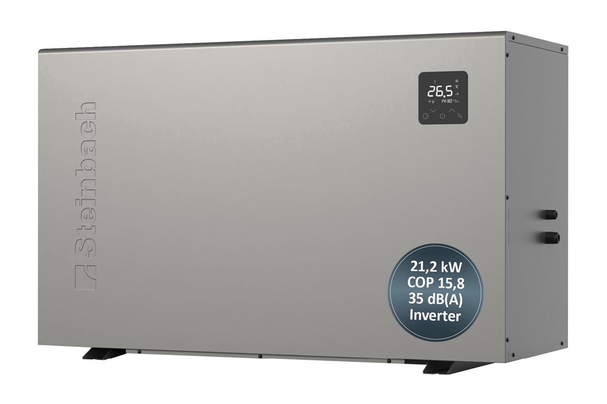 STEINBACH Bomba de Calor silenciosa 21,2 – 049319 – Bomba de Calor inversor para Piscinas de hasta 80.000 l – Potencia calorífica 21,2 kW – Funcionamiento silencioso y eficiente Gracias a la