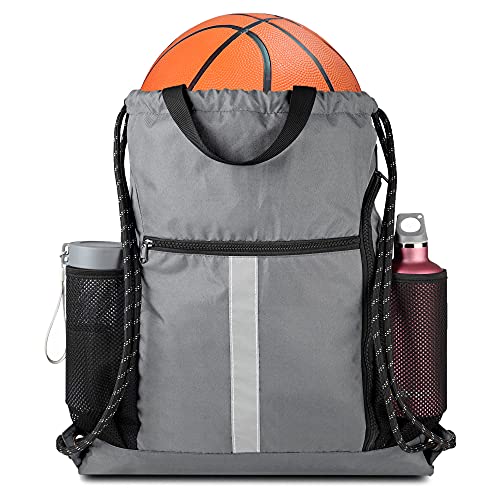 Image of BeeGreen Grey Drawstring Bag Pack Gym Sackpack w Shoe Compartment Two Water Bottle Holder Portable String Sinch Sack for Gymnastic Athletic Beach Travel