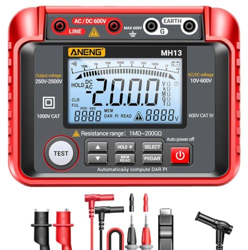 Image of MH13 1MΩ-200GΩ Megohmmeter, 250V-2500V Insulation Resistance Tester, 10V-600V AC /DC Volt Meter, Auto Ranging 2000 Counts, LCD Display, 100 Data Storage, Leaking Shielding