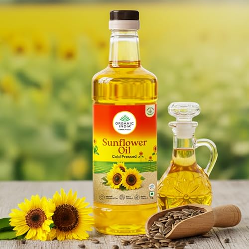 Image of Organic India Sunflower Oil, 1000ml | Lab Tested on 250+ Parameters | Certified Organic| Cold Pressed Oil with Natural Flavours and Aroma | Extracted from Organically Grown Sunflower Seeds