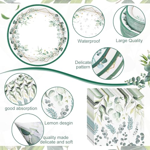 Image of Funnymoom 452 Pcs Sage Green Party Decorations for 50 Guests, Eucalyptus Theme Paper Plates Napkins Cups Tablecloth Cutlery Straws for Bridal Baby Shower Birthday Wedding Party Decorations Supplies