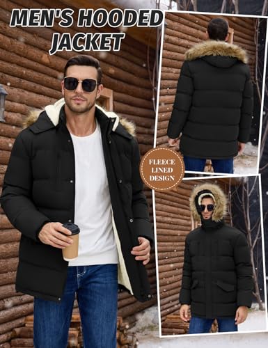 heekpek Herren Winterjacke Outdoor Parka Jacken Lang Männer Warme Winddicht Wasserabweisend Fleece Gefüttert Wintermantel mit Kapuze, Schwarz, L