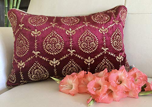 Image of TARA- Sparkling Homes 12 x 18 Inches Embroidered Velvet Cushion Covers, 'Padmini' from 'The Royal Collection', Set of 1 (Wine Red, 12 x 18 Inches)
