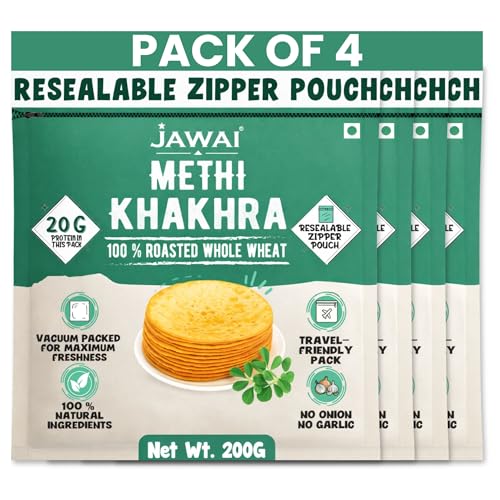 Image of JAWAI ROASTED WHOLE WHEAT METHI KHAKHRA COMBO KHAKRA- High Protein Healthy Snack, Diet-Friendly, Tea Time Snacks, Vacuum Packed Indian Snacks Pack of 4-200 Grams Each