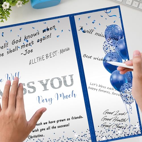 Image of DARUNAXY Blue Silver Farewell Party Decorations, We Will Miss You Very Much Alternative Signature Guest Book for Men Women Going Away Gifts Signing Card Board for Retirement Graduation Party Supplies