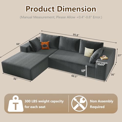 Image of 96 inch Modular Sectional Couch, Boneless L Shaped Cloud Sofa with Chaise Lounge, Corduroy Upholstered Couches Memory Foam Deep Seat, No Assembly Required, Ideal for Living Room(Dark Gray, Left Facing)
