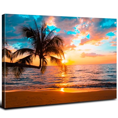 Sunset Beach Wall Art Tropical Palm Tree Wall Decor Coastal Landscape Pictures Ocean Landscape Canvas Painting Nature Seascape Poster Prints Artwork for Living Room Bathroom Home Decorations 12x16”