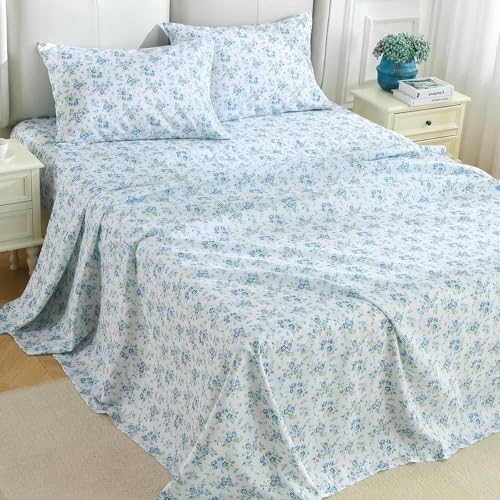 Image of MUXHOMO Full Size 4 Piece Sheet Set, Soft Breathable Bed Sheet Set for Bedroom with Deep Pocket Up to 16 inch, Wrinkle-Free & Cooling Bedding for Oeko-TEX Certified - Blossoms Light Blue