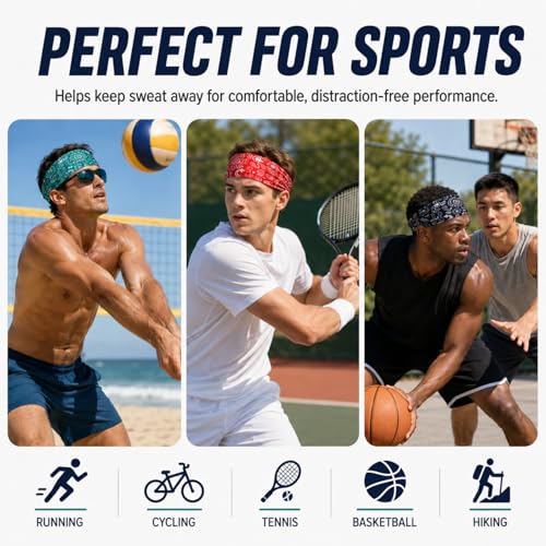 Image of 9 pcs Sweatbands for Men Workout Sport Headbands for Men Camo Headband Sweat Absorbing Headband Wide Sweatband for Head Basketball Football Cycling Running Yoga, 4.7 x 9.8 Inch