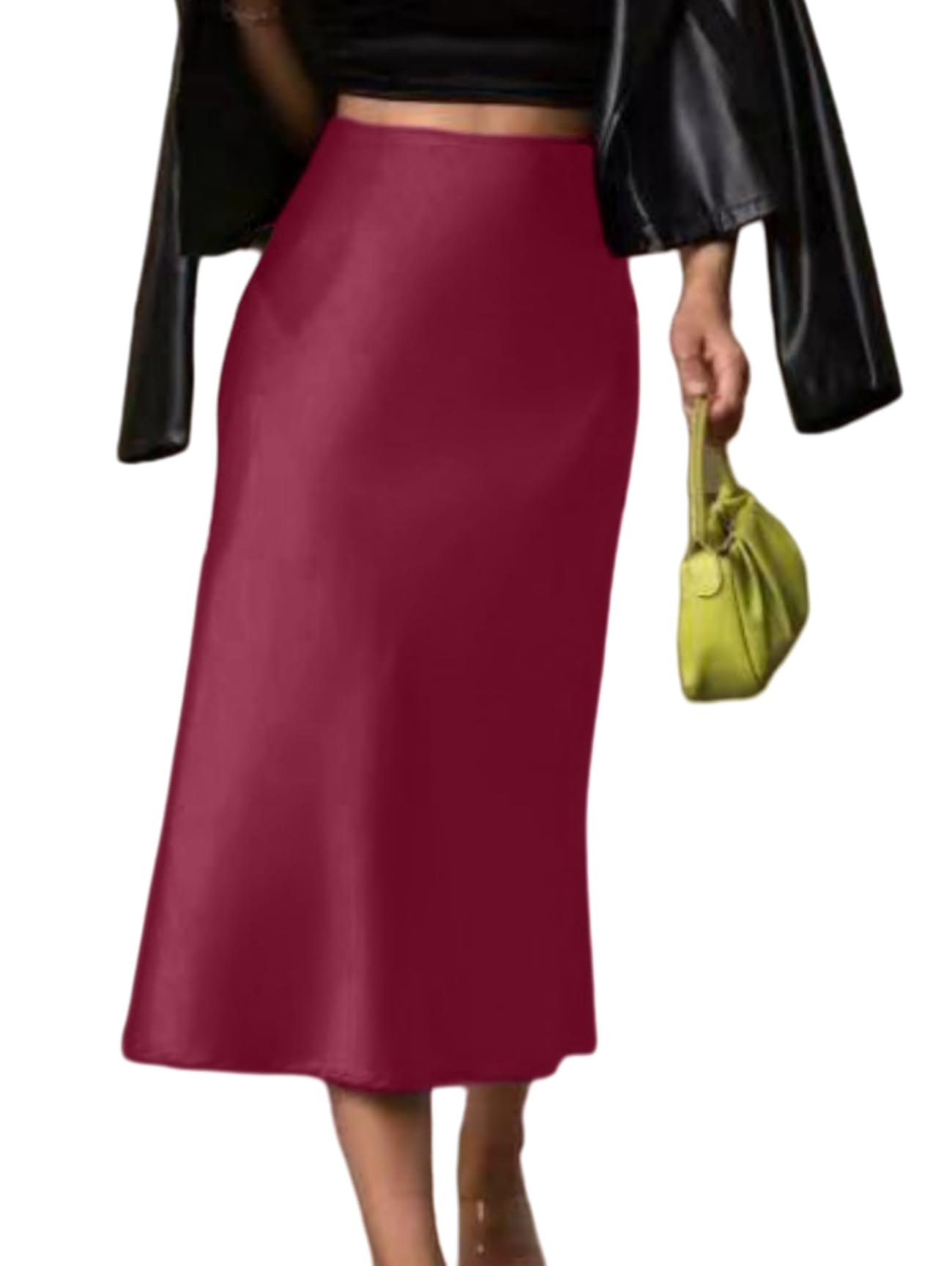 Unifizz Womens Satin Midi Skirt High Waisted 2025 Solid Elastic Waistband Zipper Elegant Work Satin Skirts