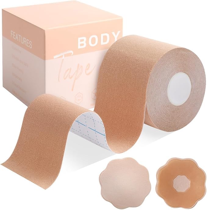 Boob Tape Kit for Women Instant Lift Breast Tape with 20 Nipple Covers, 36 Double-Sided Clothing Tape Strips & 1 Pair Reusable Silicone Nipple Covers | Invisible Push-Up Support for Backless.