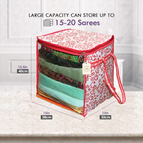 Image of Saree Storage Bag | Premium Wardrobe Cloth Organizer Box | Large Garment Cover with Polka Dot Design | Durable Fabric, Transparent Window | Pack Of 1 AWPM11684