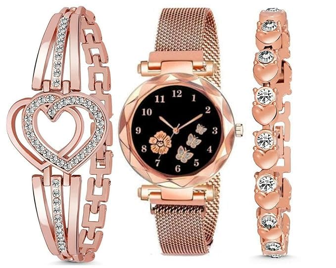 MEXFO Stainless Steel Branded Analogue Diamond Black Butterfly Dial Magnet Watch with Gift Bracelet for Women Or Girls and Watch for Girl Or Women (Gold Butterfly) (B0DFQCPB5J) Amazon Price History, Amazon Price Tracker