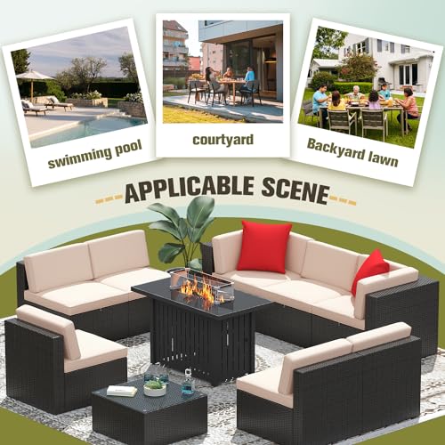 Image of Greesum Patio Furniture Sets 10-Pieces Outdoor PE Rattan Sectional Sofa w /43in Gas Fire Pit Table 55000 BTU Add Warmth to Gatherings Parties On Deck Garden Backyard,Beige
