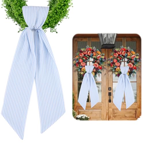 Fucibt 2 Pack Wreath Sash for Front Door Stripe Sash for Monogram Embroidery Front Door Porch Decor Christmas Wreath Accessories 5 W x 54 L (2 Blue)