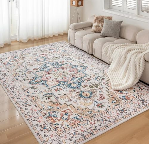 CHOSHOME Waschbarer Teppich Wohnzimmer Vintage Kurzflor Teppich Groß Orientalischer Teppich für Schlafzimmer rutschfest Teppich Kunstwolle Boho In & Outdoor Teppich 200x290CM Beige