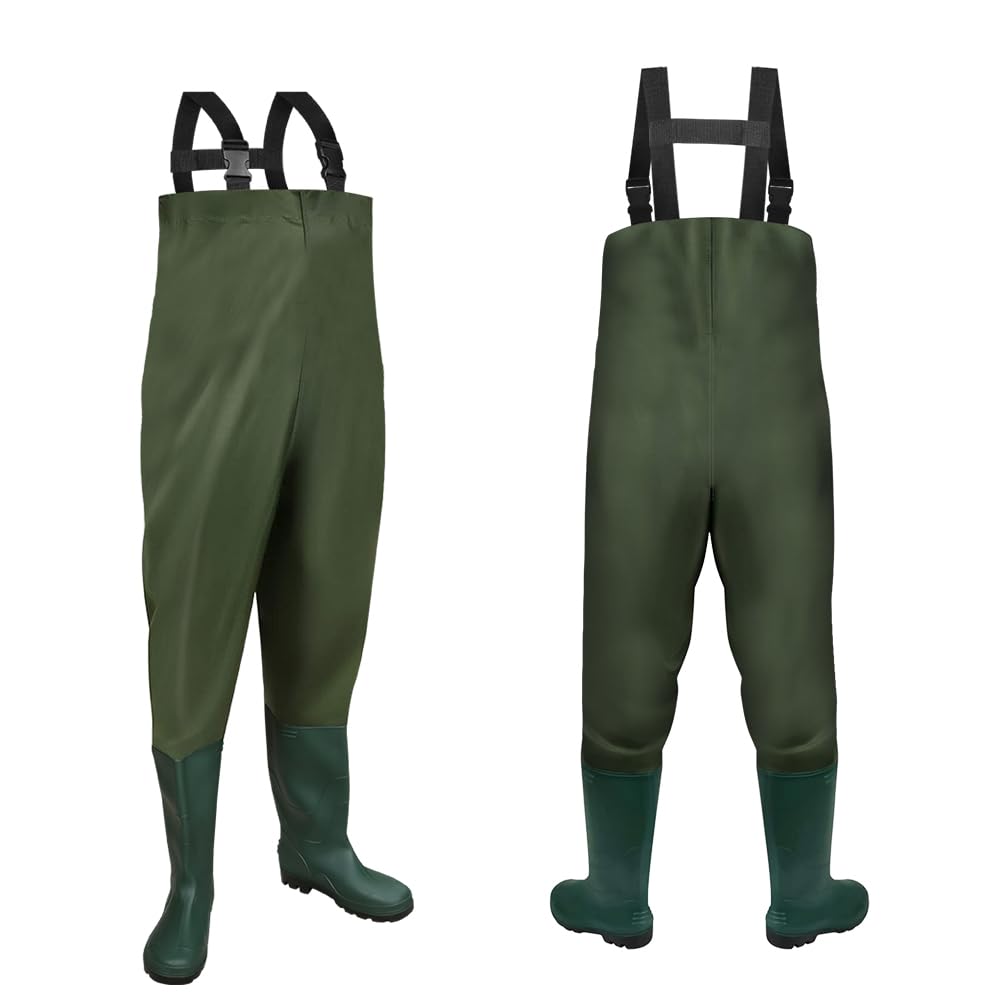 Vkechh Wathose Nylon PVC Angelhose wasserdicht mit rutschfeste Gummistiefeln Hochwasserhose Fischteichhose für Angeln, Jagd, Autowäsche, Gärten