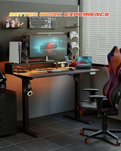 Image of Agilestic 48x24 Inch Electric Standing Desk with Shelf, Height Adjustable Desk with Power Outlets & LED, Sit Stand Up Table with Monitor Stand, Computer Workstation, Black