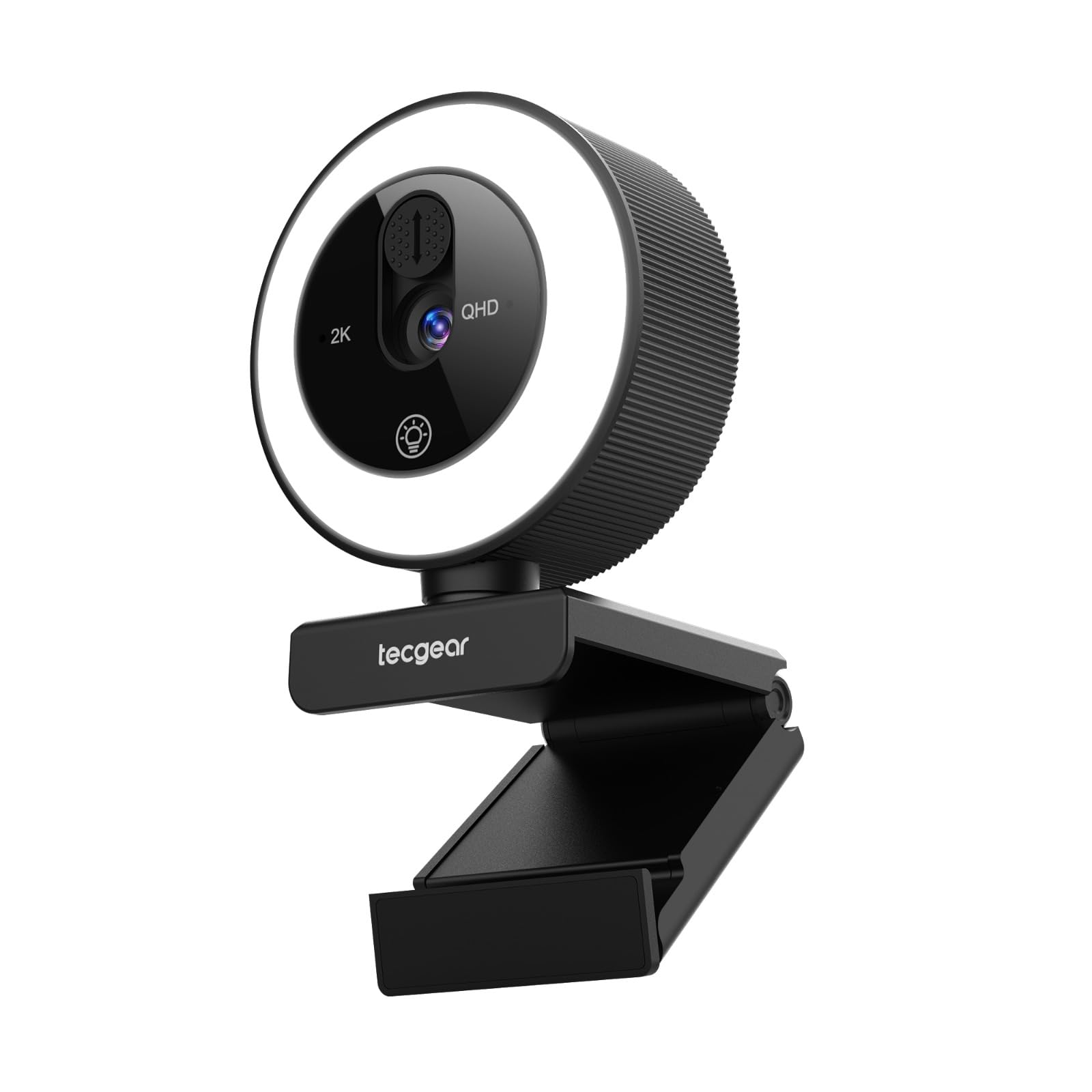 Tecgear Sentinel Glo, 2K Webcam with Ring Light, Built-in Privacy Shutter, Auto Focus QHD Resolution Privacy Lens Cover, Built-in Microphone