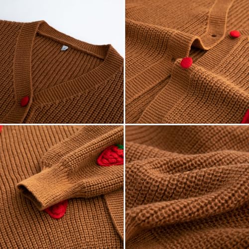 Image of FindThy Women's Kawaii Strawberry Embroidered Cardigan Long Sleeve V Neck Chunky Knitted Cardigans Tops