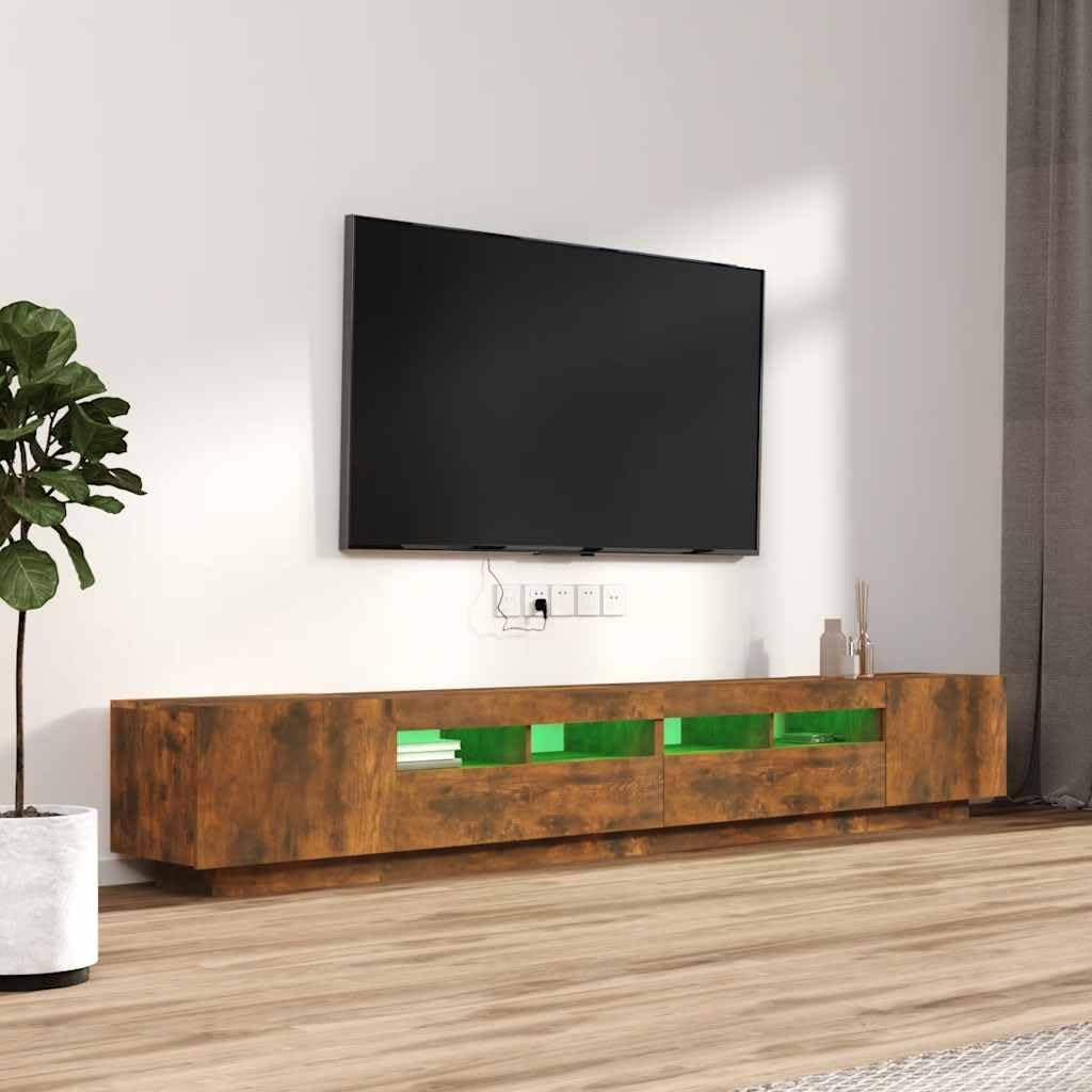 Mueble bajo en roble ahumado, 100/80 x 35 x 40 cm, material de madera con LED RGB para TV, mueble moderno con espacio de almacenamiento para salón, oficina o pasillo
