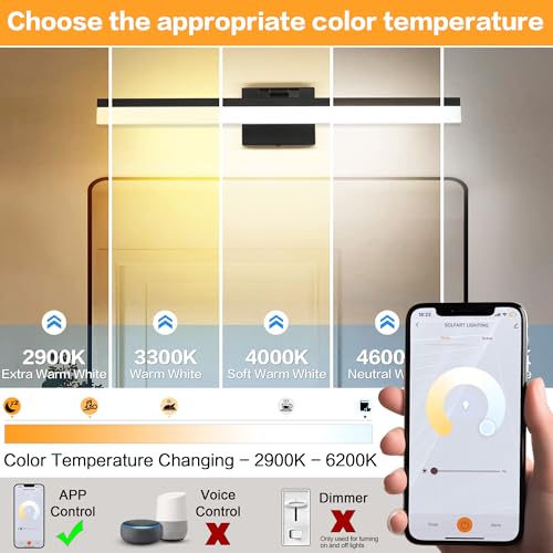 Image of SOLFART Black Bathroom Light Fixtures Vanity Light Modern Bathroom Lights Over Mirror Led Lights for Bath 23.6 Inch APP Control Adjustable Color Temperature Dimmable Vanity Led Lights
