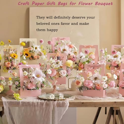 Ylapagne 5 Pieces Paper Flower Gift Bags, Pink Bouquet Flower Box with Handheld DIY Flower Arrangement Basket Flower Packaging Box for Valentine's Wedding Anniversary Party - Image 4