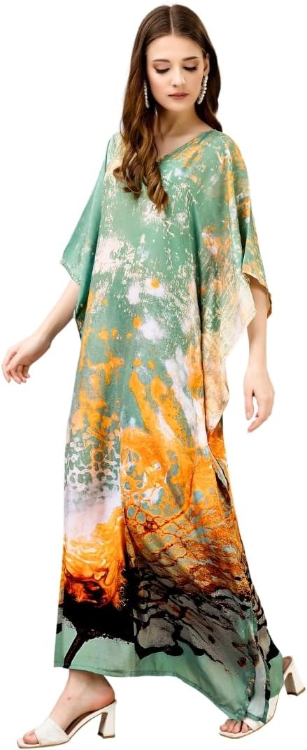 Elegant Modern Luxury Kaftan Dresses for women Stylish Party Casual Vacation Beach Modest Wear Cover up Caftan Short Loose-fit Plus Midi beach dresses Light Green Color, One Size