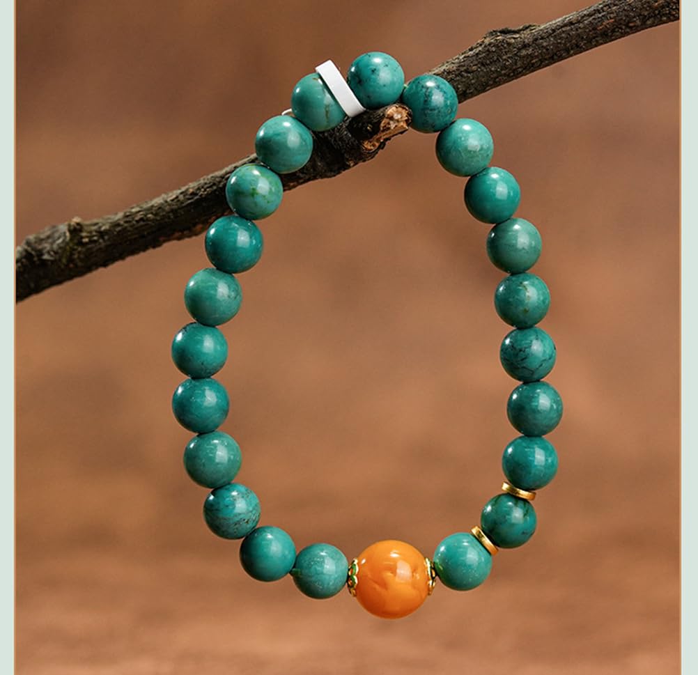 Pulsera con Cuentas de Turquesa Natural y ámbar – Cuentas de Piedras Preciosas de 7 mm Hechas a Mano, joyería apilable Elegante, Accesorio Boho Chic, Regalo de Cristal curativo