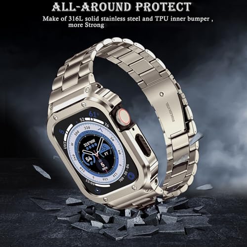 Image of MioHHR Stainless Steel Band and Case Compatible with Apple Watch Bands 46mm | Men Metal Protective Bumper Cover with Straps for iWatch 46mm Series 11 /10, Titanium Color