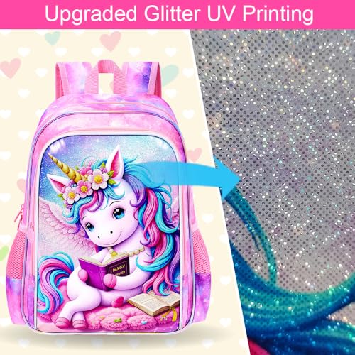 Image of AGSDON 3PCS Read Unicorn Backpack for Girls, 16 inch Kids Backpacks for Girl Water Resistant Preschool, Elementary Bookbag with Lunch Box