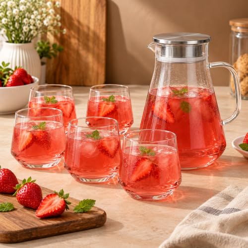 Image of bellemax 1.8 Litre Water Jug with Wooden Lid & 6 Black Juice Glasses Set | Premium Glass Water Jug Set for Home Kitchen | Juice, Water, Cold Drink Serving Set | Stylish Pitcher Set of 7 (BM-15)