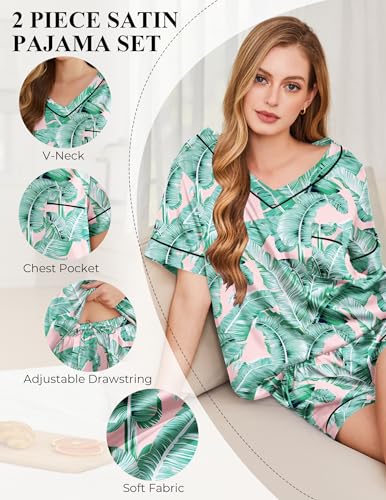 Image of Silk Pajamas for Women Short Sleeve Satin 2 Piece Pj Set Soft V Neck Sleepwear Loungewear, S-XXL