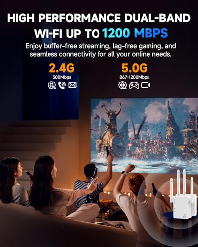 Image of WiFi Extender Signal Booster, WiFi Extender, WiFi Booster for Home 1200Mbps | High-speed 1200Mbps dual-band WiFi, 12880 sq.ft coverage, 105 devices, 4 antennas, 2 Ethernet ports, easy setup