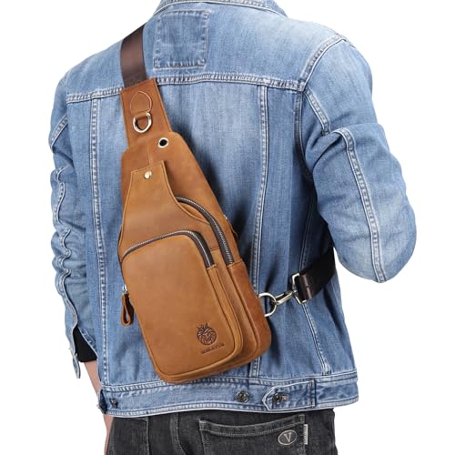 Image of Mens Sling Bag Genuine Leather Crossbody Bags for Men Small Sling Chest Backpack Casual Man Bag Hiking Outdoor, Brown