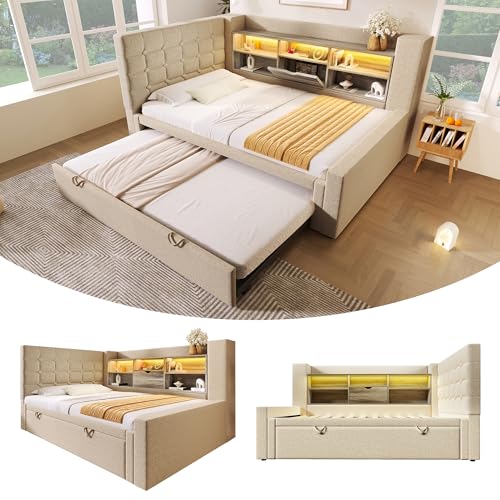 Yihomfy Canapé-lit 90x200 cm avec lit gigogne 90x190 cm, tête de lit en L réversible avec Rangement, Ports de Charge USB (Beige-B, 90 × 200 cm)