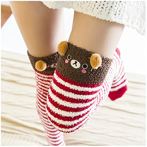 Image of Hotmiss Womens Thigh High Fuzzy Socks Cute Over the Knee Stockings Winter Warm Stripe Leg Warmers