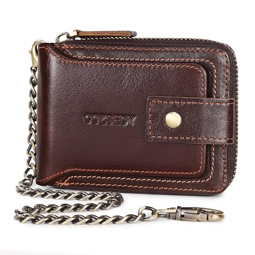 Chain Wallets For Men RFID Blocking Leather Mens Wallet With Zipper, Flap ID Window Zip Coin Pocket Bifold Card Wallets Big Capacity For Travel (Coffee)