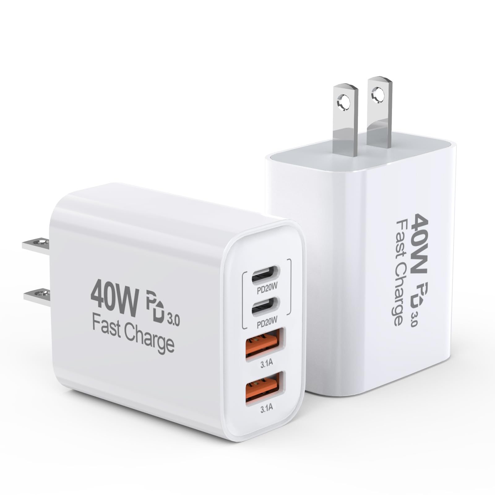 USB C Charger Block, 2Pack 40W 4-Port USB C iPhone Charger Fast Charging Plug Dual Port PD Power Adapter + QC Double Block Multi-port Brick Type C Box